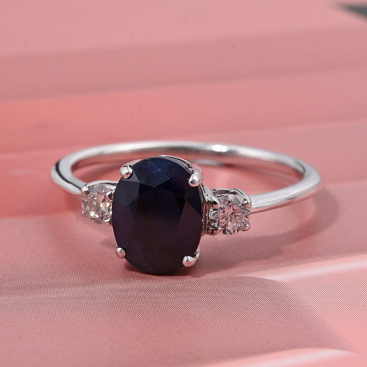Kanchanaburi Blue Sapphire (DF) and G-H SI Luxuriant Lab Grown Diamond 2.50 ctw Timeless Grace Ring in Rhodium Over Sterling Silver (Size 6.0) image number 1