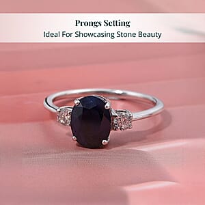 Kanchanaburi Blue Sapphire (DF) and G-H SI Luxuriant Lab Grown Diamond 2.50 ctw Timeless Grace Ring in Rhodium Over Sterling Silver (Size 6.0)