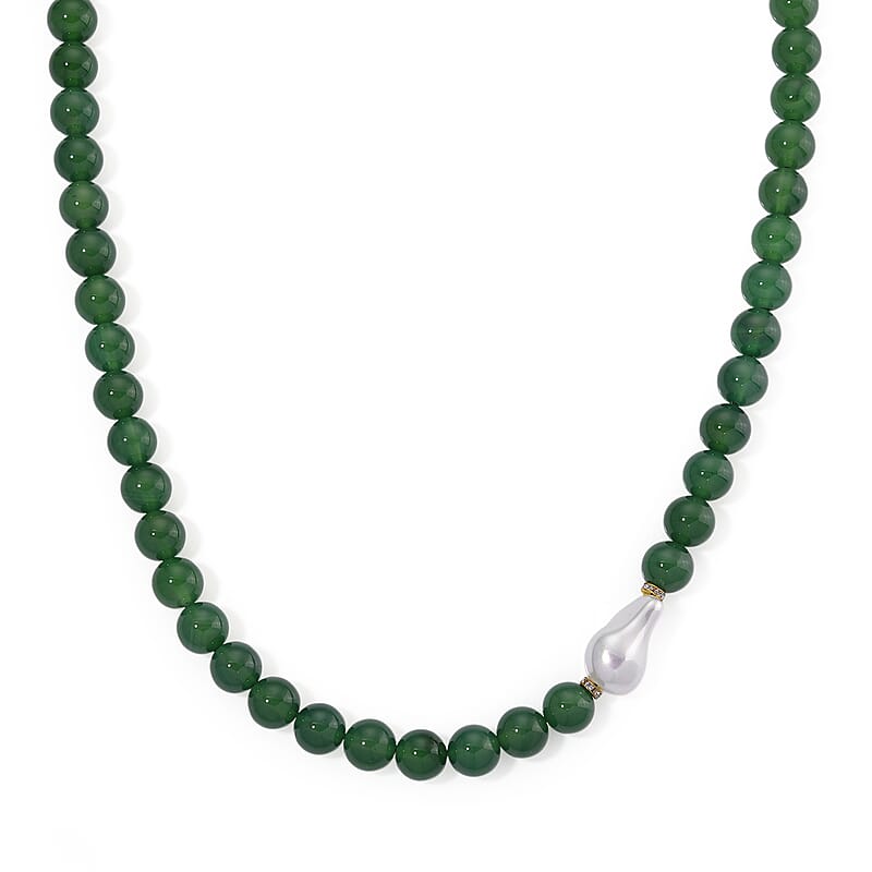 EverTrue Verde Onyx and Baroque White Shell Pearl and Simulated Diamond 405.00 ctw Necklace in ION Plated YG Stainless Steel 20 Inches