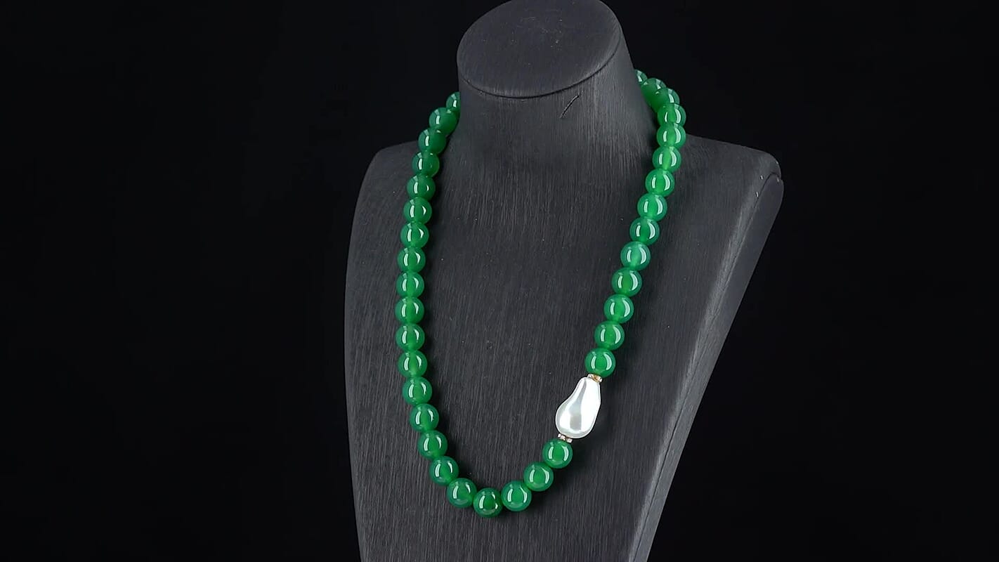 EverTrue Verde Onyx and Baroque White Shell Pearl and Simulated Diamond 405.00 ctw Necklace in ION Plated YG Stainless Steel 20 Inches