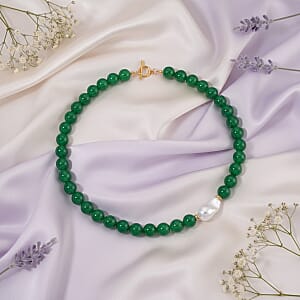 EverTrue Verde Onyx, Baroque White Shell Pearl and Simulated Diamond 405.00 ctw Necklace in ION Plated YG Stainless Steel 20 Inches