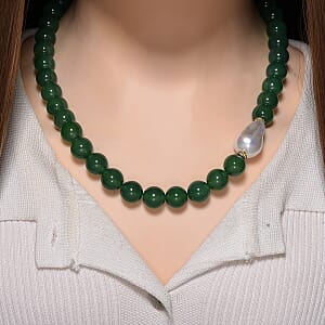 EverTrue Verde Onyx, Baroque White Shell Pearl and Simulated Diamond 405.00 ctw Necklace in ION Plated YG Stainless Steel 20 Inches