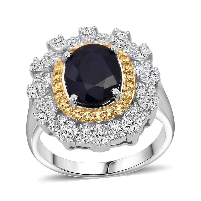 D'Joy Kanchanaburi Blue Sapphire (DF) and Multi Gemstone 4.25 ctw Regal Grace Ring in Rhodium Over Sterling Silver (Size 10.0)