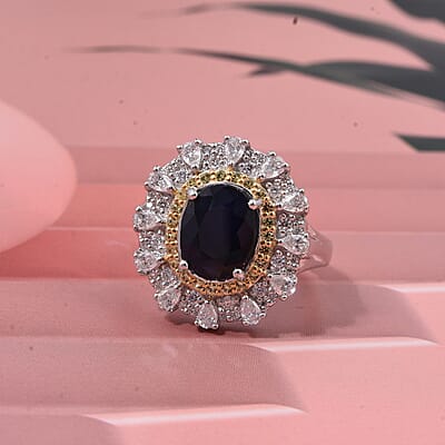 D'Joy Kanchanaburi Blue Sapphire (DF) and Multi Gemstone 4.25 ctw Regal Grace Ring in Rhodium Over Sterling Silver (Size 10.0)