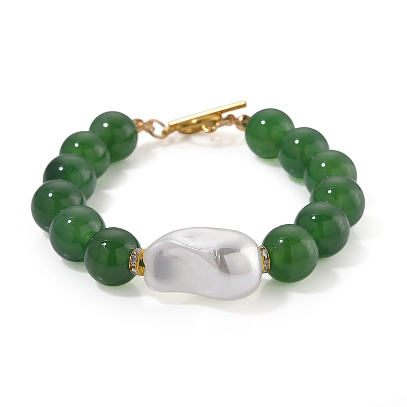 EverTrue Verde Onyx, Baroque White Shell Pearl and Simulated Diamond 135.00 ctw Bracelet in ION Plated YG Stainless Steel (8.00 In)