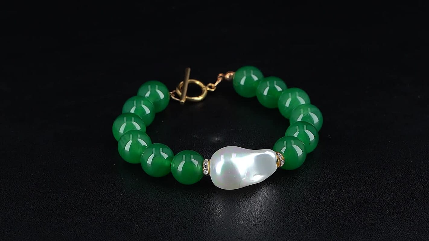 EverTrue Verde Onyx, Baroque White Shell Pearl and Simulated Diamond Bracelet in ION Plated YG Stainless Steel (8.00 In) 135.00 ctw