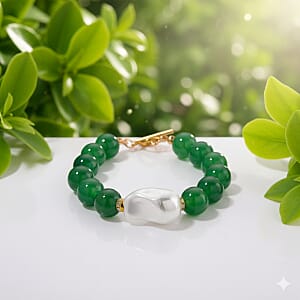 EverTrue Verde Onyx, Baroque White Shell Pearl and Simulated Diamond 135.00 ctw Bracelet in ION Plated YG Stainless Steel (8.00 In)