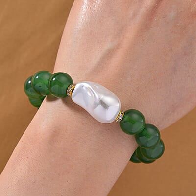EverTrue Verde Onyx, Baroque White Shell Pearl and Simulated Diamond 135.00 ctw Bracelet in ION Plated YG Stainless Steel (8.00 In)