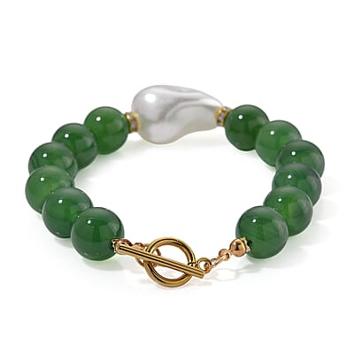 EverTrue Verde Onyx, Baroque White Shell Pearl and Simulated Diamond 135.00 ctw Bracelet in ION Plated YG Stainless Steel (8.00 In)