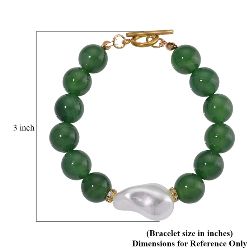 EverTrue Verde Onyx, Baroque White Shell Pearl and Simulated Diamond 135.00 ctw Bracelet in ION Plated YG Stainless Steel (8.00 In)