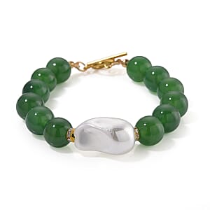EverTrue Verde Onyx, Baroque White Shell Pearl and Simulated Diamond 125.00 ctw Bracelet in ION Plated YG Stainless Steel (7.50 In)