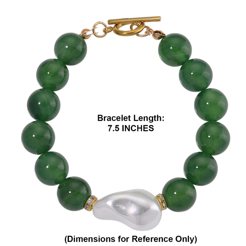 EverTrue Verde Onyx and Baroque White Shell Pearl and Simulated Diamond 125.00 ctw Bracelet in ION Plated YG Stainless Steel (7.50 In)