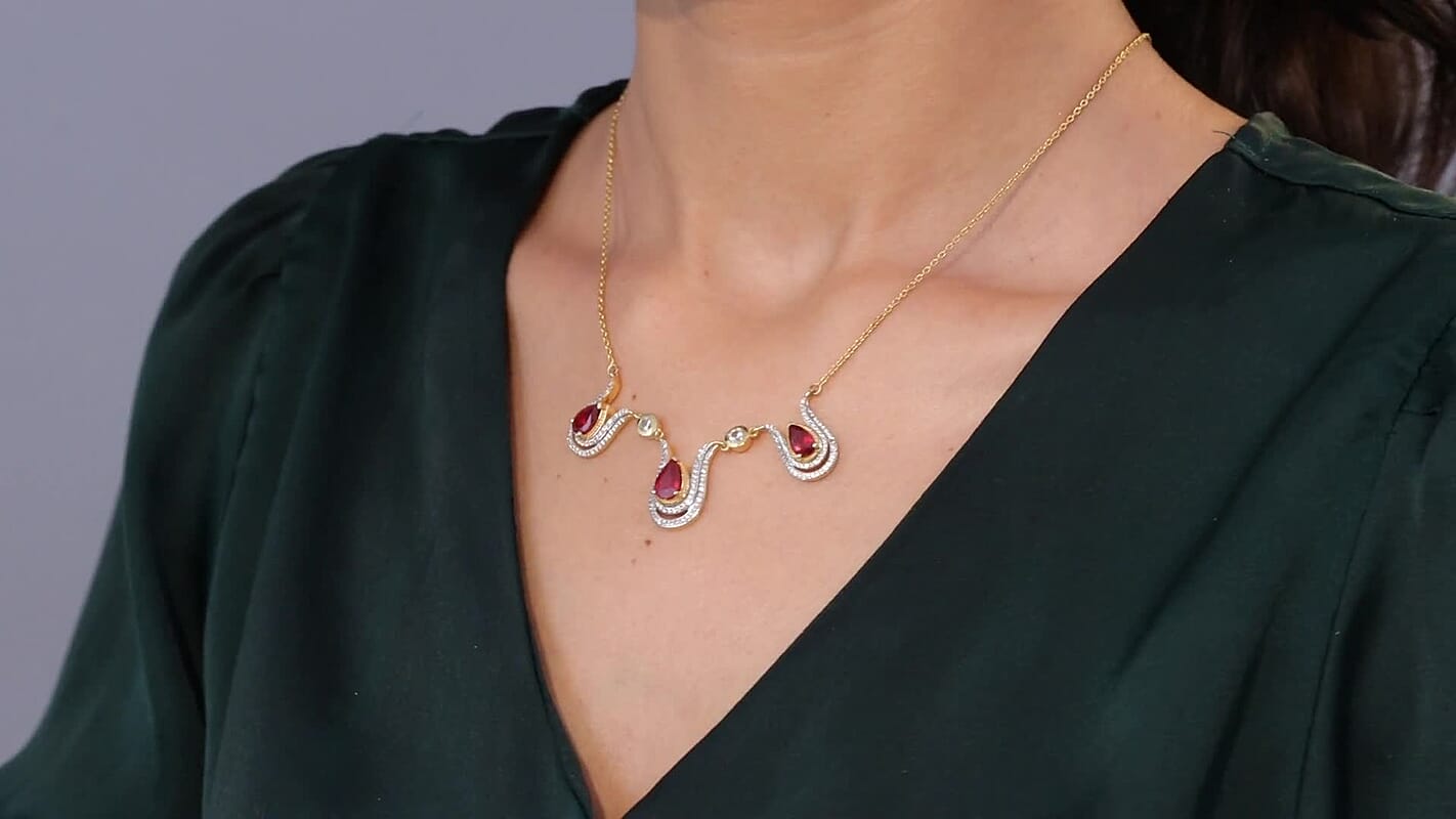 D'Joy Passport to Israel Niassa Ruby (FF) and White Zircon 5.80 ctw Necklace in 18K Vermeil Yellow Gold Over Sterling Silver 18 Inches