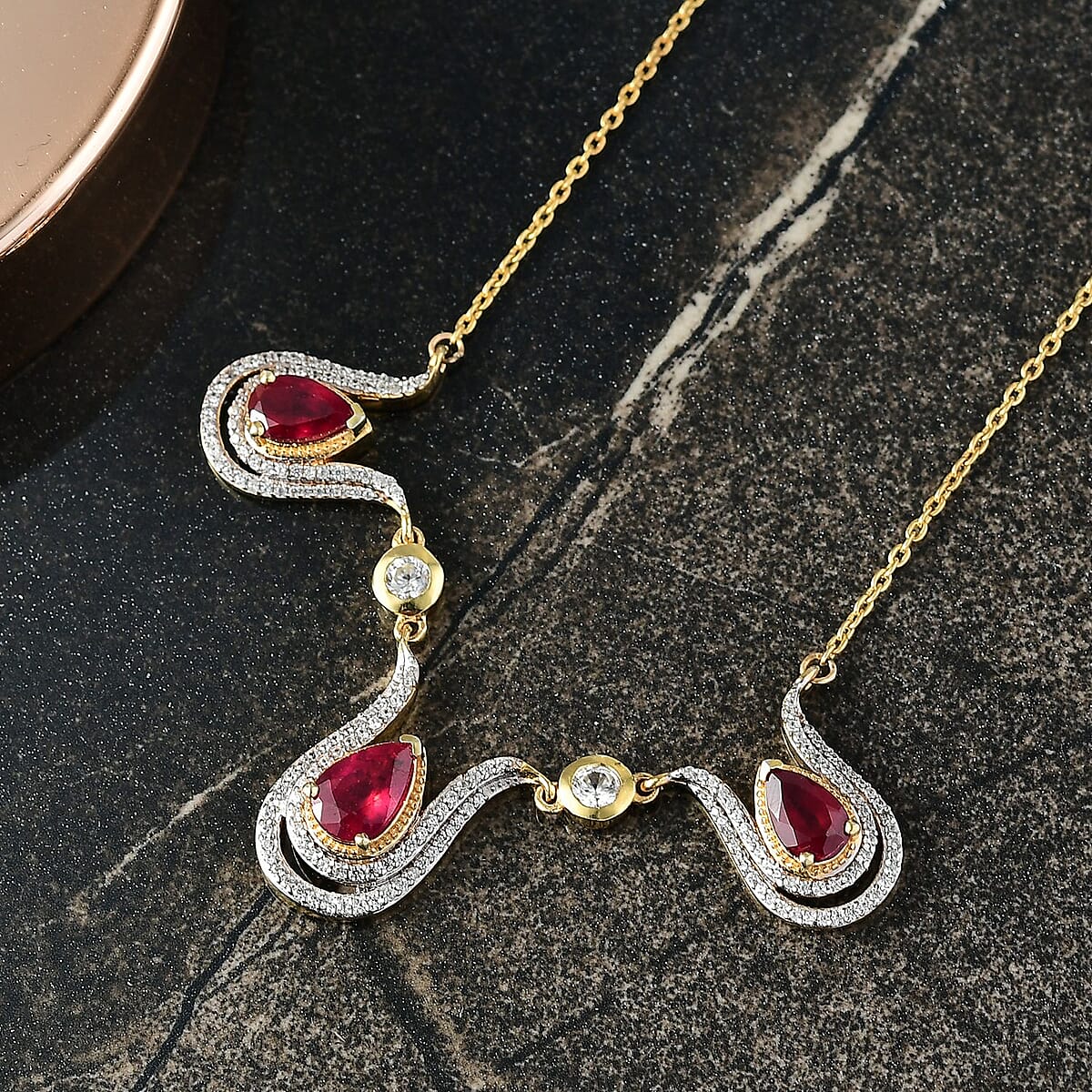 D'Joy Passport to Israel Niassa Ruby (FF) and White Zircon 5.80 ctw Necklace in 18K Vermeil Yellow Gold Over Sterling Silver 18 Inches image number 1