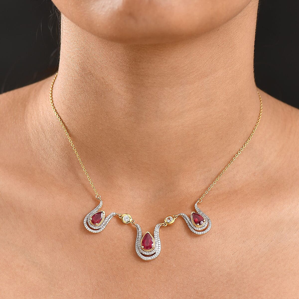D'Joy Passport to Israel Niassa Ruby (FF) and White Zircon 5.80 ctw Necklace in 18K Vermeil Yellow Gold Over Sterling Silver 18 Inches image number 2