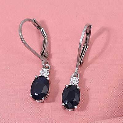 Kanchanaburi Blue Sapphire (DF) and Luxuriant Lab Grown Diamond G-H SI 2.20 ctw Timeless Grace Lever Back Earrings in Rhodium Over Sterling Silver