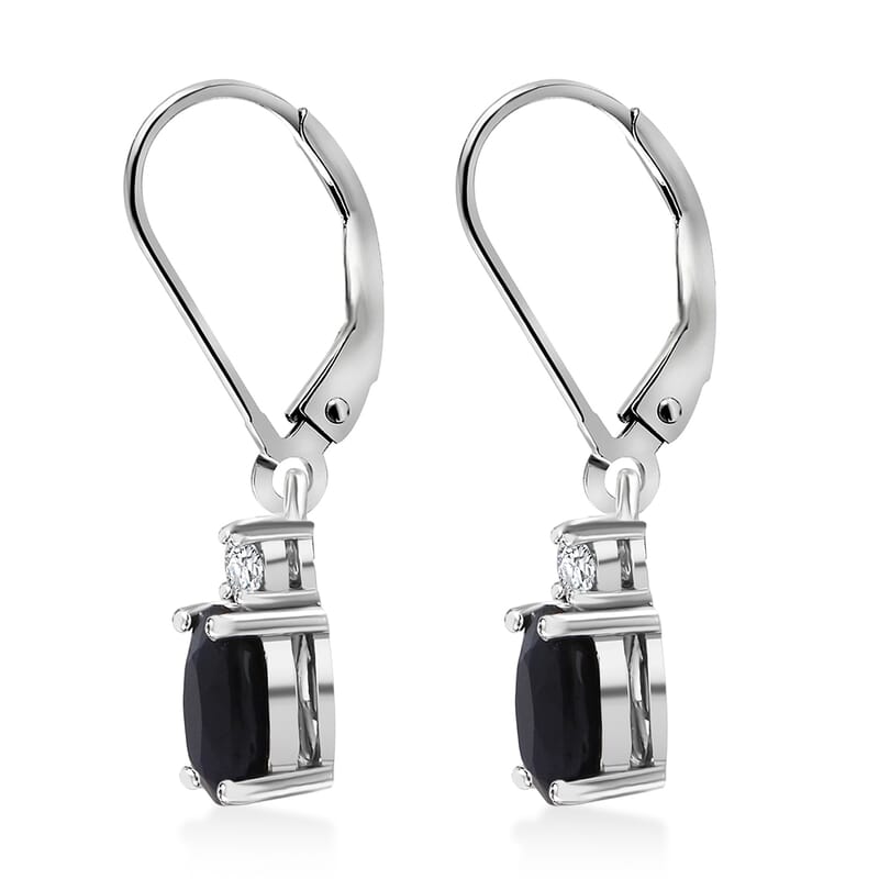 Kanchanaburi Blue Sapphire (DF) and Luxuriant Lab Grown Diamond G-H SI 2.20 ctw Timeless Grace Lever Back Earrings in Rhodium Over Sterling Silver