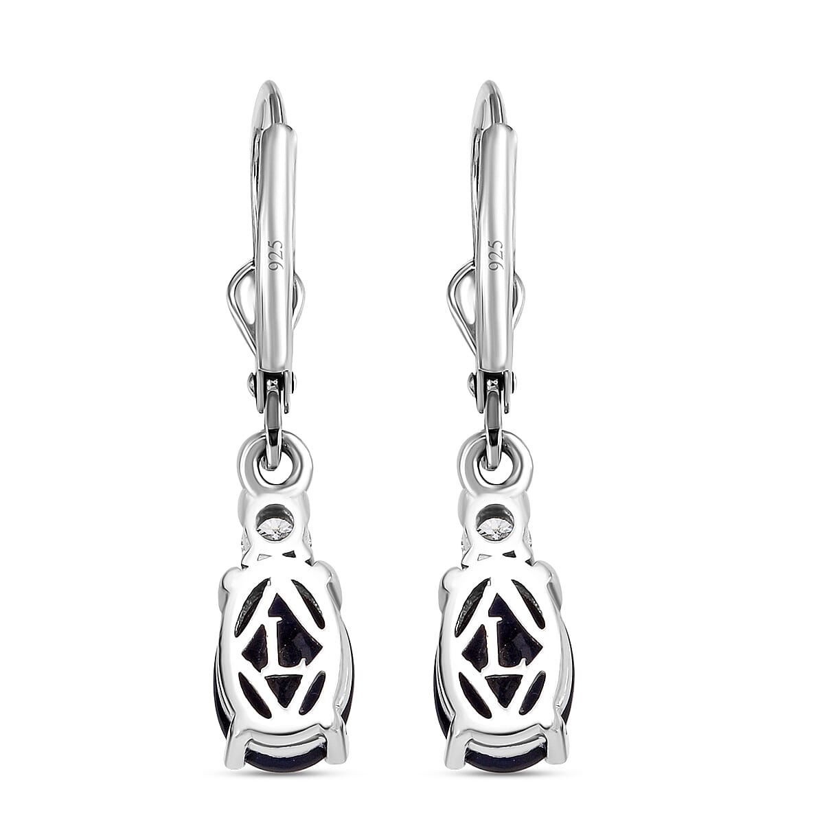 Kanchanaburi Blue Sapphire (DF) and Luxuriant Lab Grown Diamond G-H SI 2.20 ctw Timeless Grace Lever Back Earrings in Rhodium Over Sterling Silver image number 4