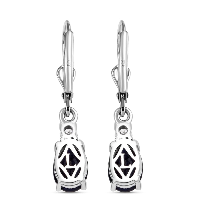 Kanchanaburi Blue Sapphire (DF) and Luxuriant Lab Grown Diamond G-H SI 2.20 ctw Timeless Grace Lever Back Earrings in Rhodium Over Sterling Silver