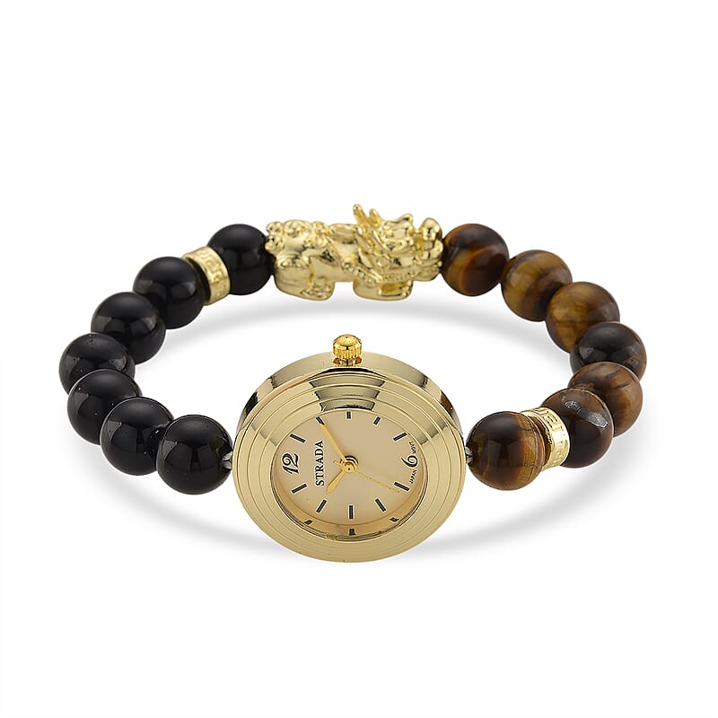 Strada Yellow Tigers Eye and Black Obsidian Japanese Movement Stretch Bracelet Watch with Pixiu Charm (7-7.5In) 30.00 ctw
