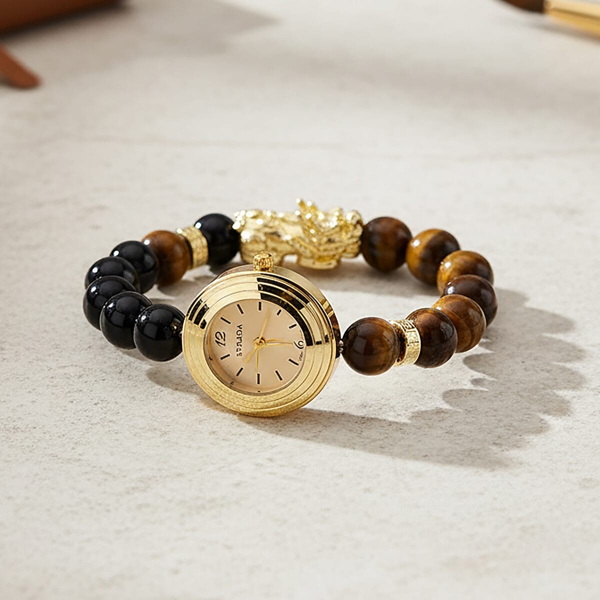 Strada Yellow Tigers Eye and Black Obsidian Japanese Movement Stretch Bracelet Watch with Pixiu Charm (7-7.5In) 30.00 ctw image number 1