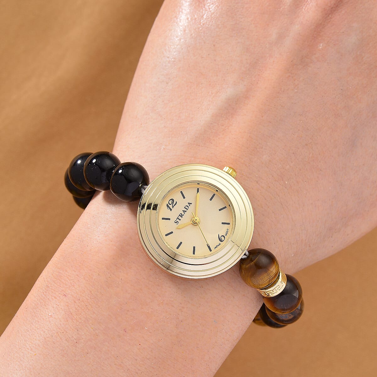 Strada Yellow Tigers Eye and Black Obsidian Japanese Movement Stretch Bracelet Watch with Pixiu Charm (7-7.5In) 30.00 ctw image number 2