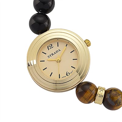 Strada Yellow Tigers Eye and Black Obsidian Japanese Movement Stretch Bracelet Watch with Pixiu Charm (7-7.5In) 30.00 ctw