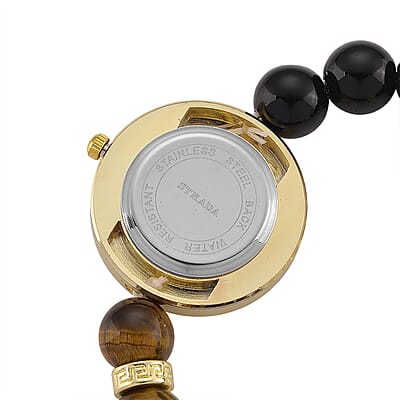 Strada Yellow Tigers Eye and Black Obsidian Japanese Movement Stretch Bracelet Watch with Pixiu Charm (7-7.5In) 30.00 ctw