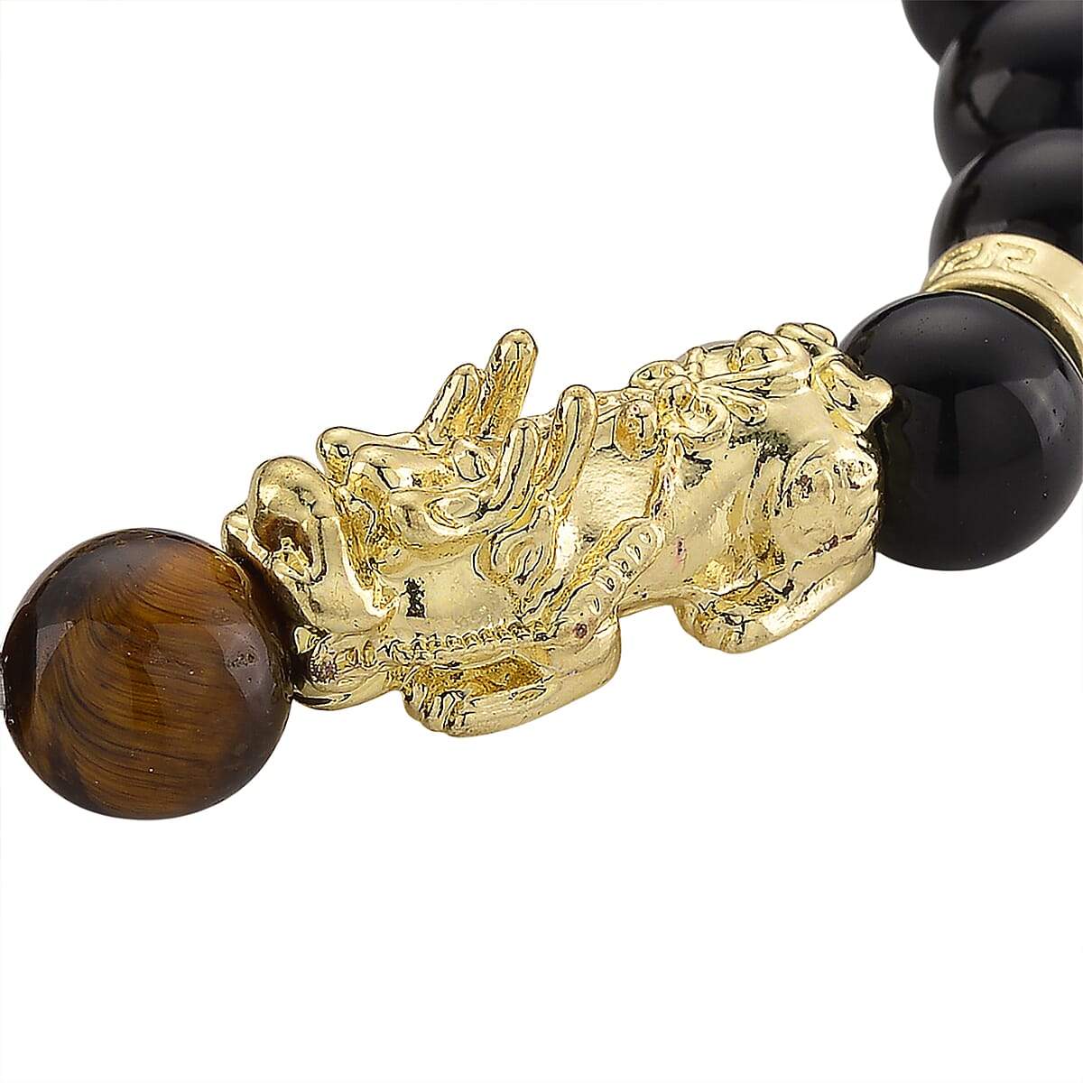 Strada Yellow Tigers Eye and Black Obsidian Japanese Movement Stretch Bracelet Watch with Pixiu Charm (7-7.5In) 30.00 ctw image number 6