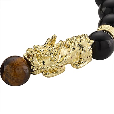 Strada Yellow Tigers Eye and Black Obsidian Japanese Movement Stretch Bracelet Watch with Pixiu Charm (7-7.5In) 30.00 ctw