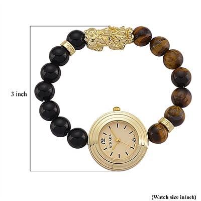 Strada Yellow Tigers Eye and Black Obsidian Japanese Movement Stretch Bracelet Watch with Pixiu Charm (7-7.5In) 30.00 ctw