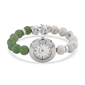 Strada White Howlite and Green Aventurine Japanese Movement Stretch Bracelet Watch with Pixiu Charm (7-7.5In) 30.00 ctw