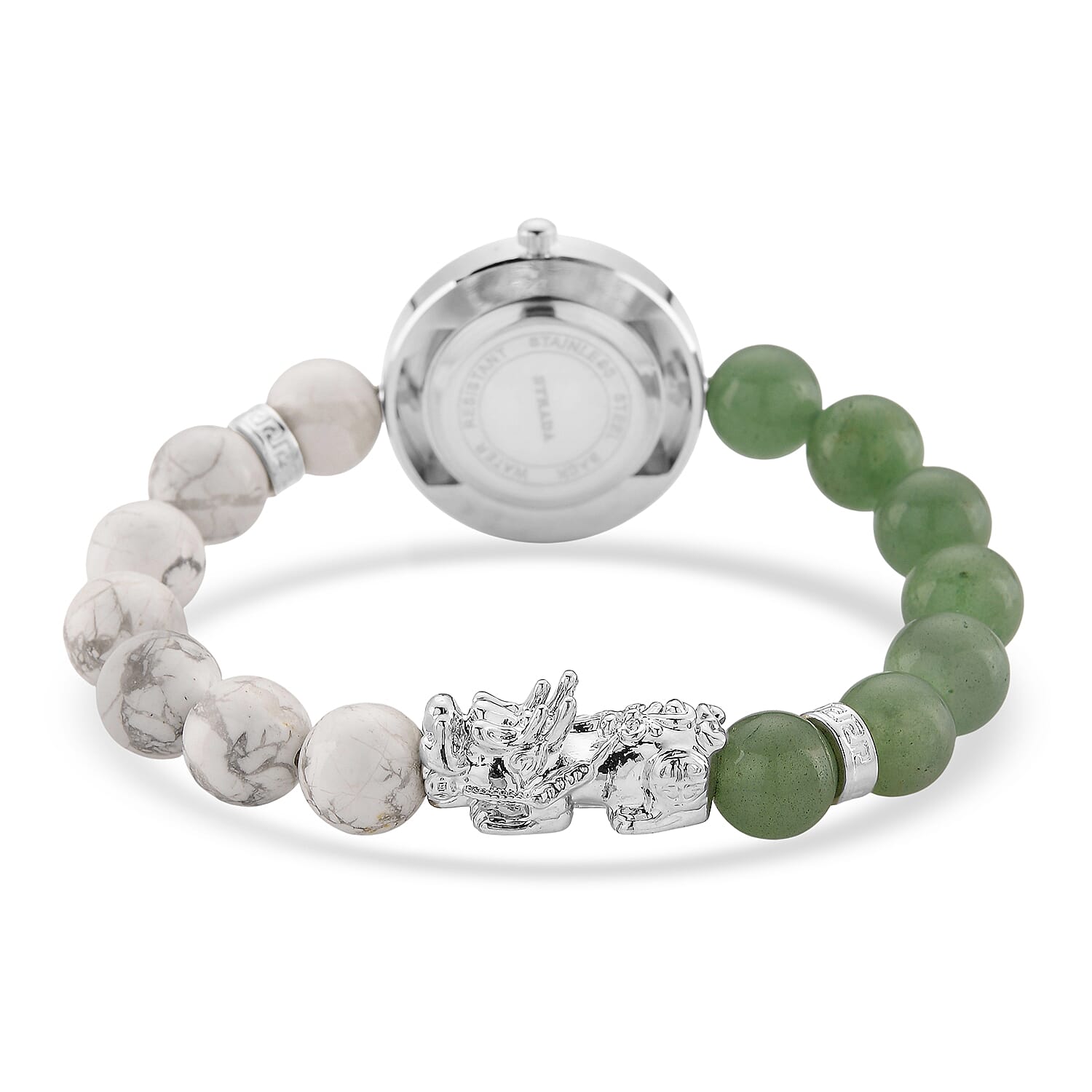 Strada White Howlite and Green Aventurine Japanese Movement Stretch Bracelet Watch with Pixiu Charm (7-7.5In) 30.00 ctw