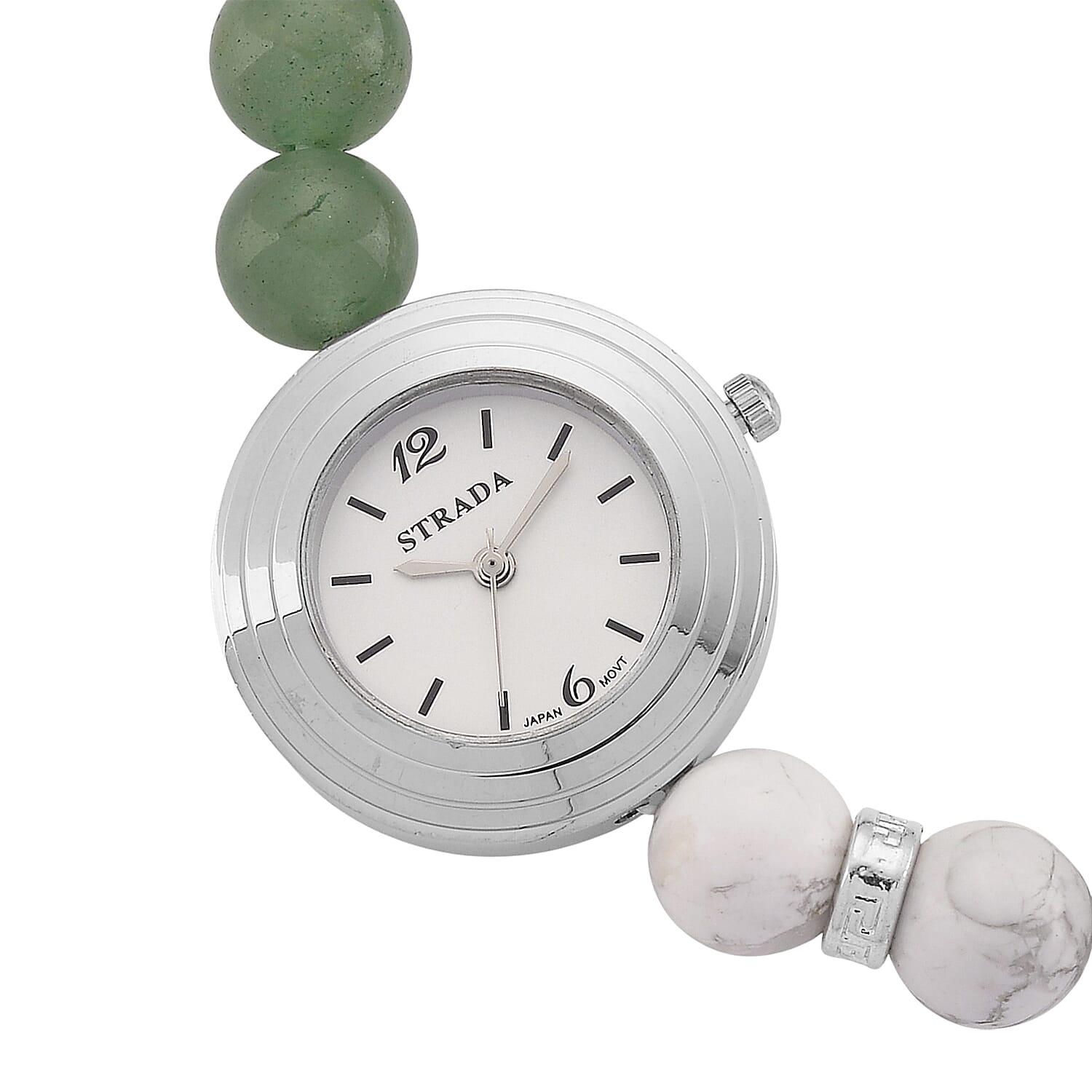 Strada White Howlite and Green Aventurine Japanese Movement Stretch Bracelet Watch with Pixiu Charm (7-7.5In) 30.00 ctw