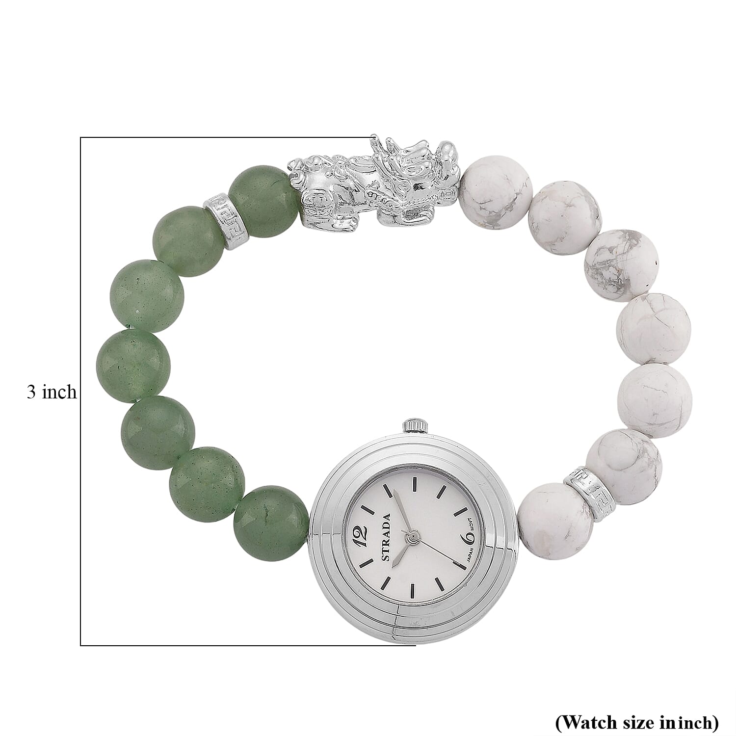Strada White Howlite and Green Aventurine Japanese Movement Stretch Bracelet Watch with Pixiu Charm (7-7.5In) 30.00 ctw