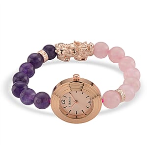 Strada Rose Quartz and African Amethyst Japanese Movement Stretch Bracelet Watch with Pixiu Charm (7-7.5In) 30.00 ctw