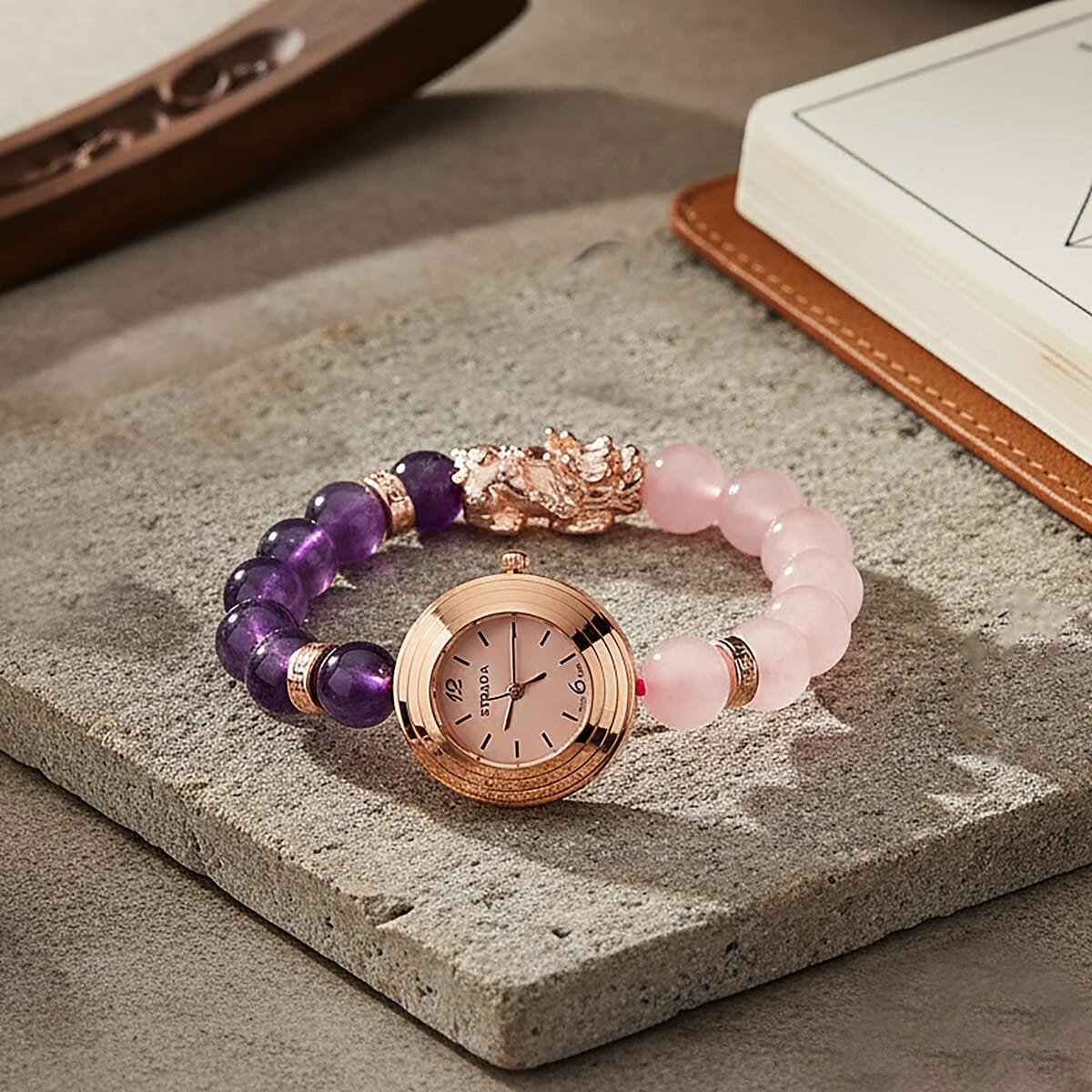 Strada Rose Quartz and African Amethyst Japanese Movement Stretch Bracelet Watch with Pixiu Charm (7-7.5In) 30.00 ctw image number 1