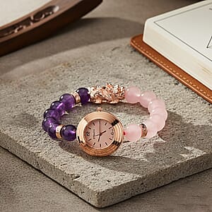 Strada Rose Quartz and African Amethyst Japanese Movement Stretch Bracelet Watch with Pixiu Charm (7-7.5In) 30.00 ctw
