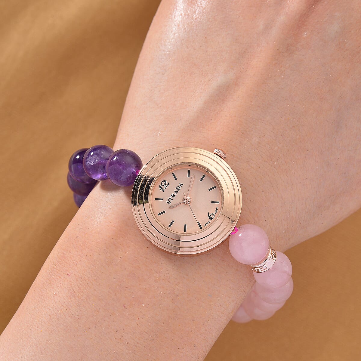Strada Rose Quartz and African Amethyst Japanese Movement Stretch Bracelet Watch with Pixiu Charm (7-7.5In) 30.00 ctw image number 2