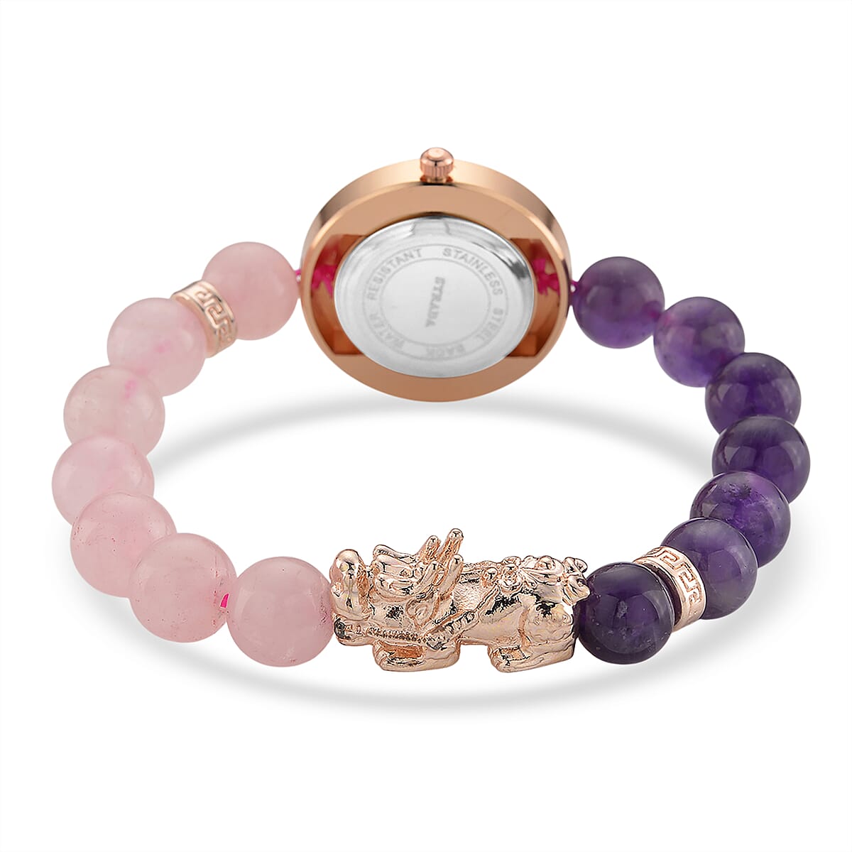 Strada Rose Quartz and African Amethyst Japanese Movement Stretch Bracelet Watch with Pixiu Charm (7-7.5In) 30.00 ctw image number 3