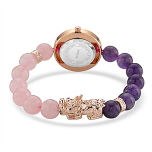Strada Rose Quartz and African Amethyst Japanese Movement Stretch Bracelet Watch with Pixiu Charm (7-7.5In) 30.00 ctw