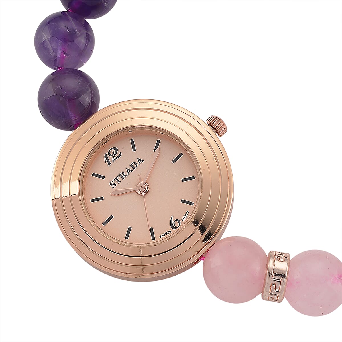 Strada Rose Quartz and African Amethyst Japanese Movement Stretch Bracelet Watch with Pixiu Charm (7-7.5In) 30.00 ctw image number 4