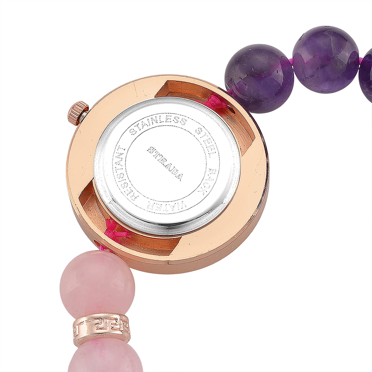 Strada Rose Quartz and African Amethyst Japanese Movement Stretch Bracelet Watch with Pixiu Charm (7-7.5In) 30.00 ctw image number 5