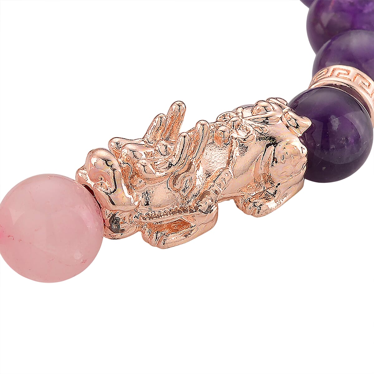 Strada Rose Quartz and African Amethyst Japanese Movement Stretch Bracelet Watch with Pixiu Charm (7-7.5In) 30.00 ctw image number 6