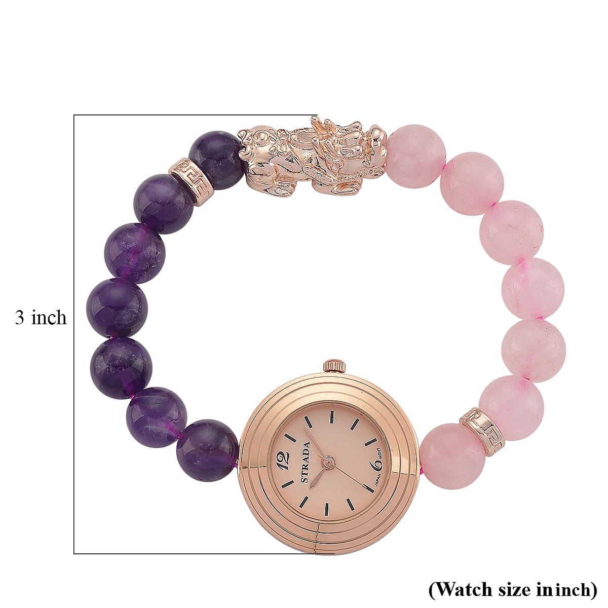Strada Rose Quartz and African Amethyst Japanese Movement Stretch Bracelet Watch with Pixiu Charm (7-7.5In) 30.00 ctw image number 7
