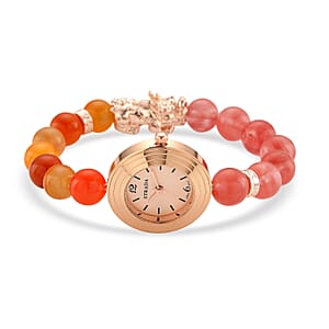 Strada Cherry Quartz and Orange Color Agate Japanese Movement Stretch Bracelet Watch with Pixiu Charm (7-7.5In) 30.00 ctw