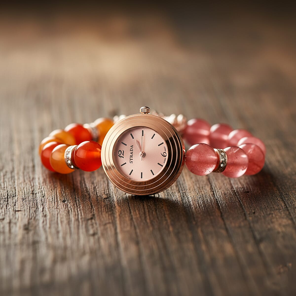 Strada Cherry Quartz and Orange Color Agate Japanese Movement Stretch Bracelet Watch with Pixiu Charm (7-7.5In) 30.00 ctw image number 1