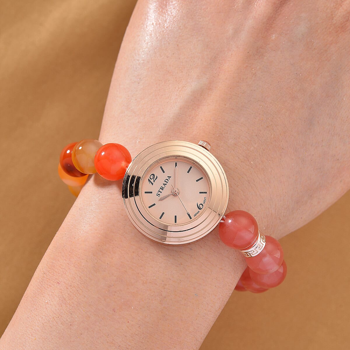 Strada Cherry Quartz and Orange Color Agate Japanese Movement Stretch Bracelet Watch with Pixiu Charm (7-7.5In) 30.00 ctw image number 2