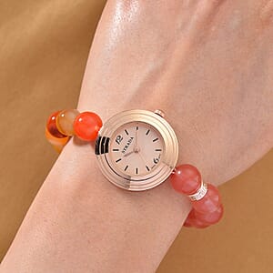 Strada Cherry Quartz and Orange Color Agate Japanese Movement Stretch Bracelet Watch with Pixiu Charm (7-7.5In) 30.00 ctw