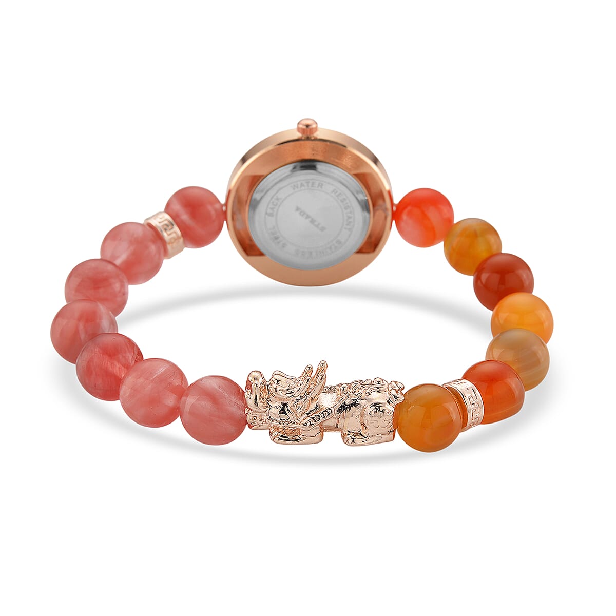 Strada Cherry Quartz and Orange Color Agate Japanese Movement Stretch Bracelet Watch with Pixiu Charm (7-7.5In) 30.00 ctw image number 3